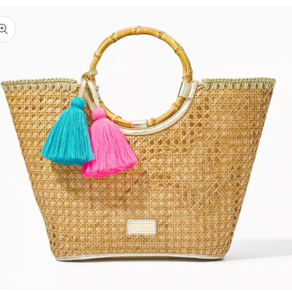 Lilly Pulitzer Grotto Cane Wicker Tote Purse Woven Natural Beach - Picture 2 of 12